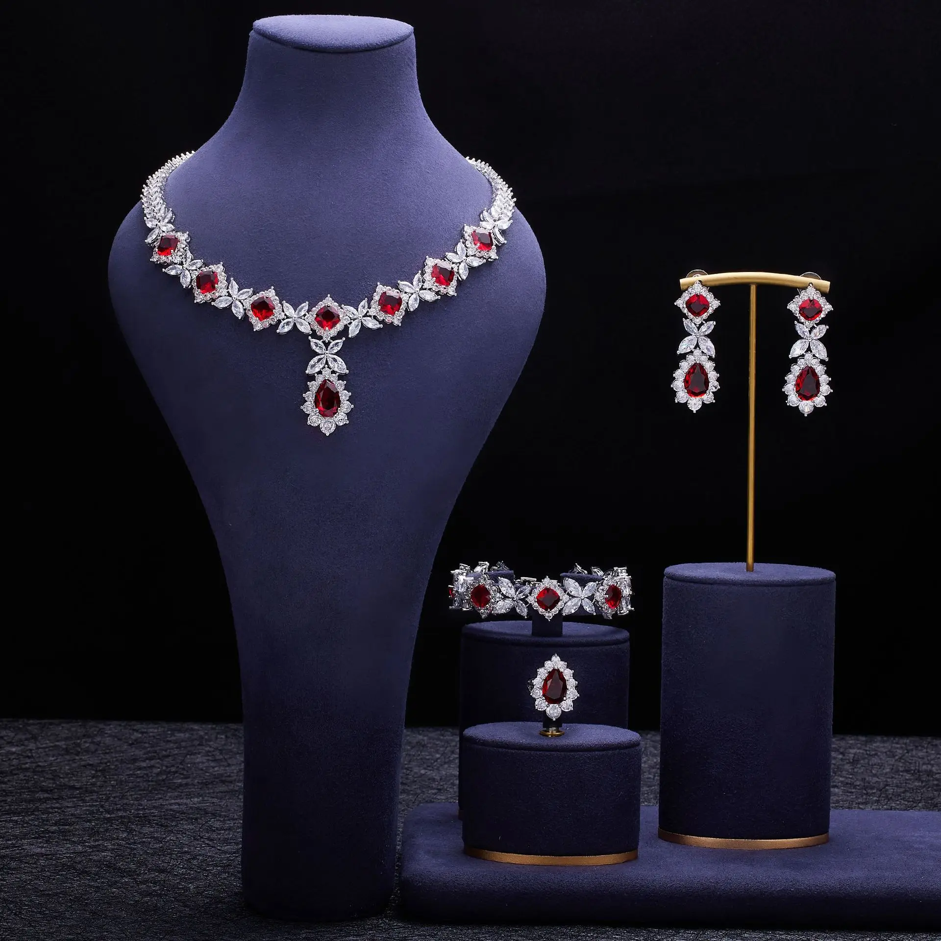 4 Piece Bridal Zirconia Women Party Dubai Nigeria CZ Crystal Necklace Earrings Bracelet Ring Wedding Jewelry Set Christmas Gift
