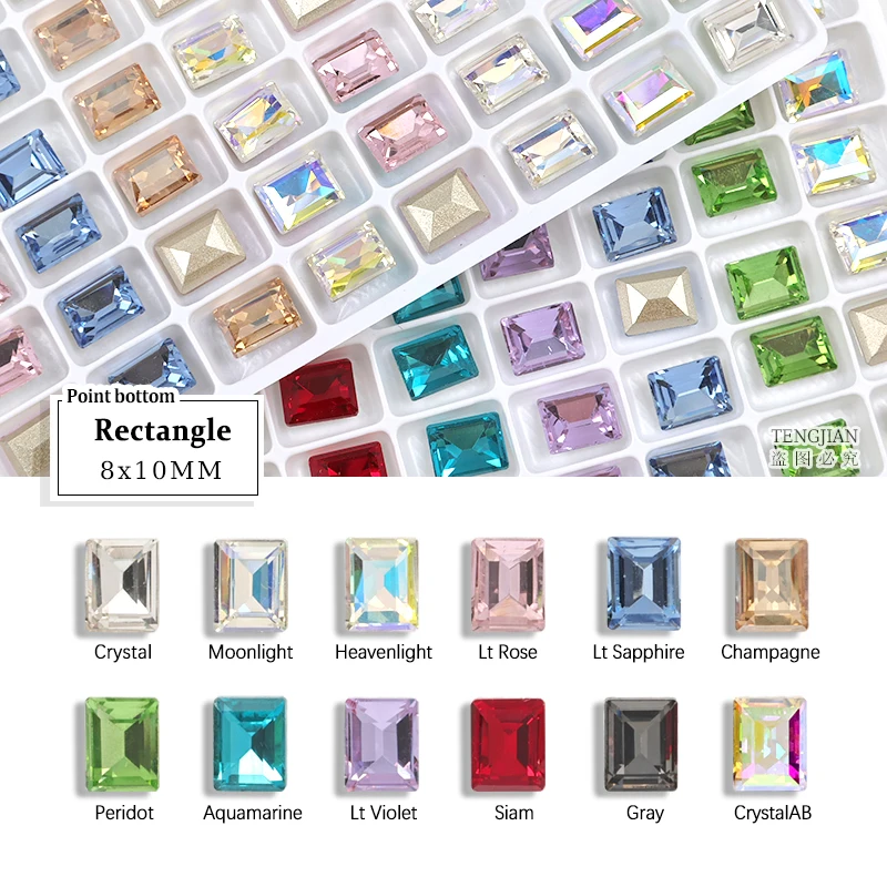 New Sale Rhinestone 8x10mm Rectangle Pointed Bottom Nail Art Crystal Diamond Gem 3D Glitter Manicure Decoration 30/100Pcs