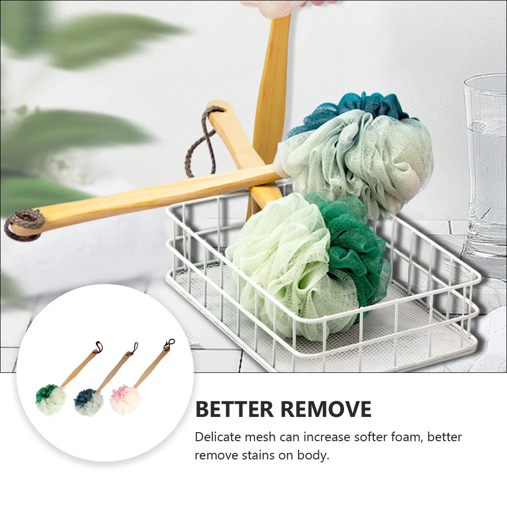 

3pcs Long-Handled Bath Brush Soft Mesh Shower Body Scrubber Back Cleaning Bath Sponge With Hanging Rope