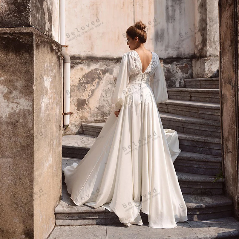 Vestidos De Novia clásicos Línea A Vestidos De Novia De gasa mangas largas abullonadas sin espalda batas Vintage Vestidos De Novia personalizados 2025