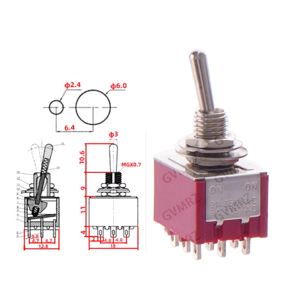 Small Signal Switching Integrated Component MTS-302/303/402/403 Self-Locking Toggle Switch 2/3 Positions SPDT DPDT