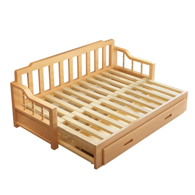 Solid wood push-pull storage bed sofa bed beech folding dual-purpose Nordic living room multi-functional bedroom storage telesco