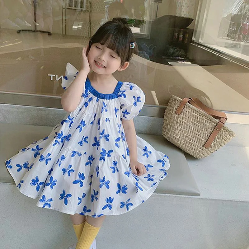 Children Summer Cute Dresses Girls Print Floral Vestidos Baby Casual Short Sleeves Dress 2024 New Kids Puff Sleeve Clothing