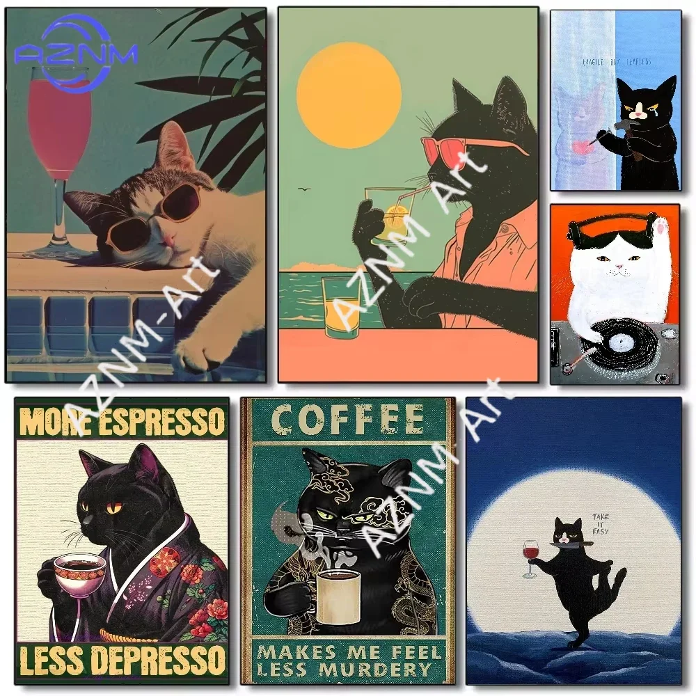 Funny restaurants cafe Cat Slogan Poster HD art canvas painting home living room bedroom bar aesthetic decoration