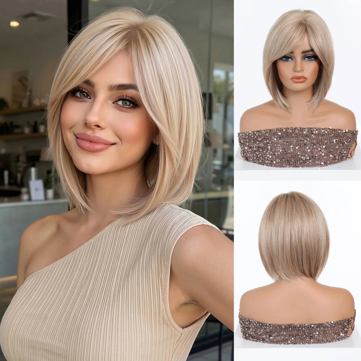 Kurze, gerade, synthetische Perücke, grau-blond, Ombre, hitzebeständige Faser, natürlich aussehend, für den täglichen Gebrauch, Party, Cosplay, für Frauen im Alltag – Detail 6