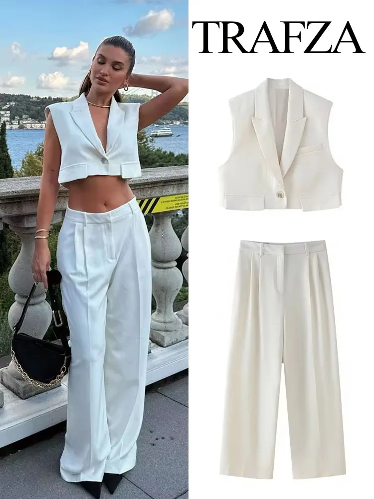 TRAFZA 2024 Summer Women Fashion Trousers Set Clamshell Decoration Short Vest Top + Pockets Vintage Female Wide Leg Long Pant