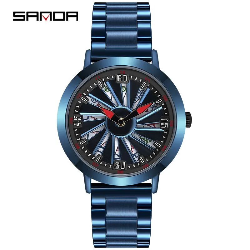 Fashion Sanda Top Brand Men Hot Sell Car Rim 360 Degree Rotating Wheel Dial Watch Stainless Steel Waterproof Sport Quartz Clock