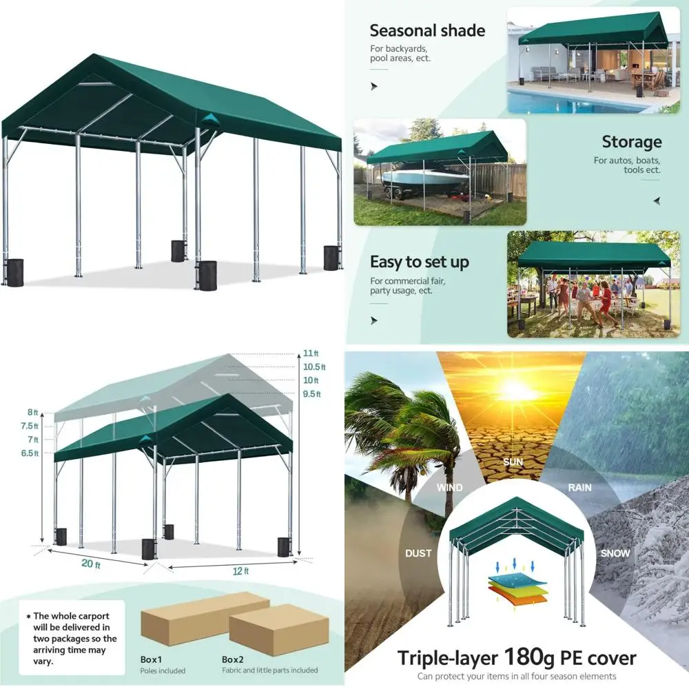 

Сверхмощный портативный автомобильный навес 12x20 футов, гаражное укрытие для вечеринки, защиты лодок, регулируемая высота от 9,5 футов до макс.