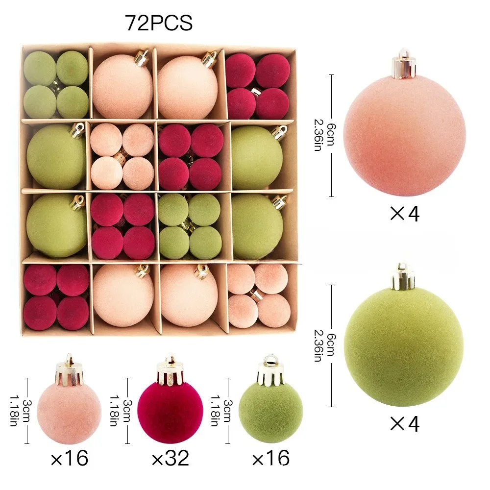 44/49/72Pcs 3/6CM Plush Christmas Balls Flocking Xmas Decorative Hanging Ornaments Christmas Spheres Pendant 2025