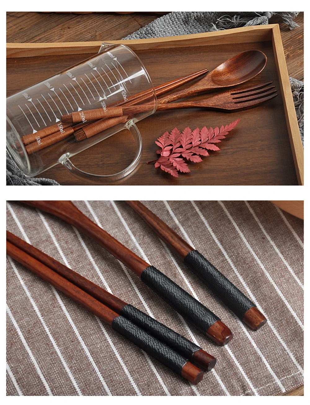 3-teiliges Geschirr, Naturholz, Geschirr, Löffel, Essstäbchen, Gabel, Abendessen, tragbares Geschirr, Getreide, Haushalt, Küche, Besteck-Set – Detail 3