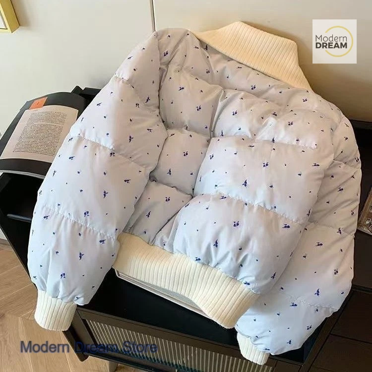 

French style sweet floral lapel cotton-padded jacket coat women's autumn and winter design stitching zipper cotton-padded jacket