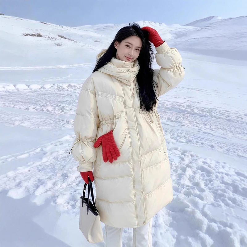 

Winter Long Solid Hooded Down Jacket Female Big Pocket Warm Drawstring Outwears Women White Duck Down Parker Knee Length Jackets