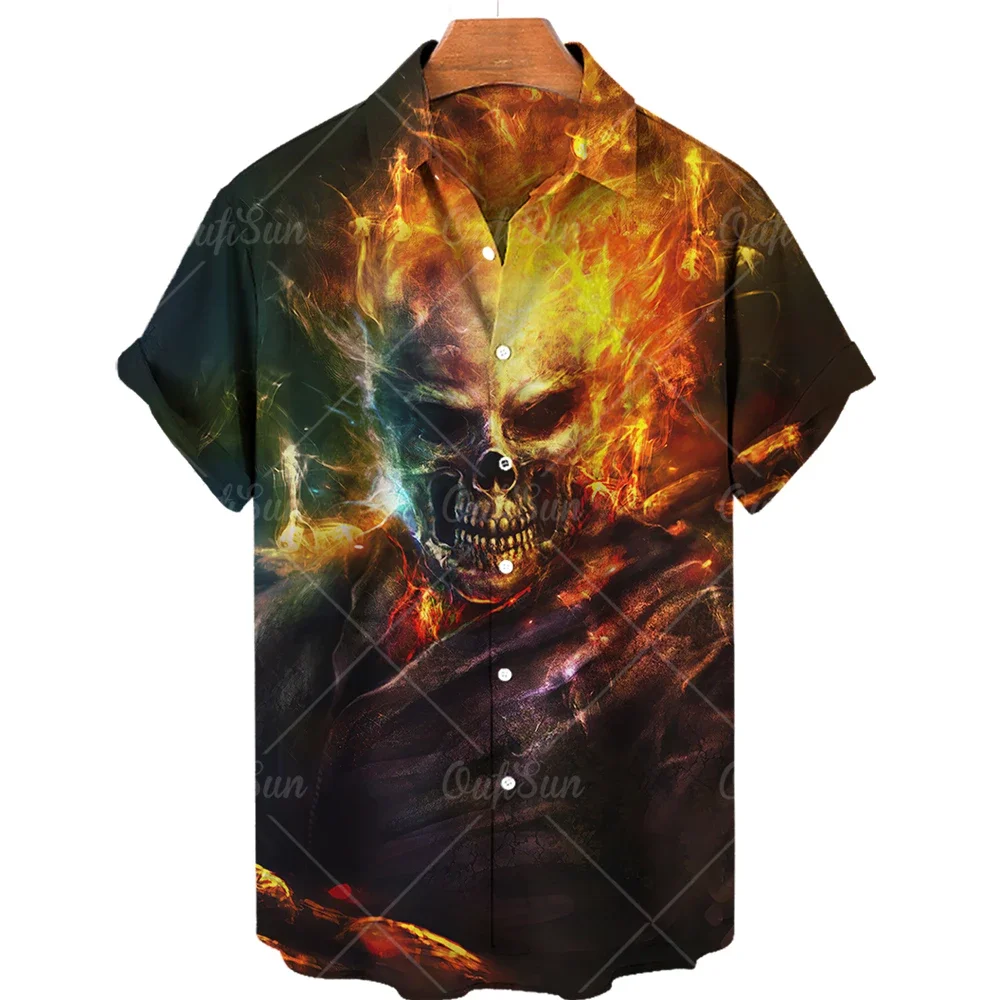 Camisa retrô havaiana masculina, camisa caveira de horror 3D, lapela casual, manga curta, blusa solta respirável, moda verão 2022