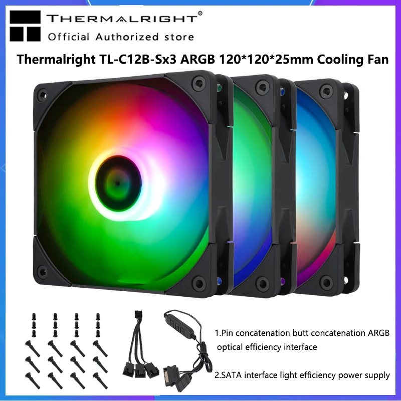 Thermalright TL-C12B-Sx3 120*120*25มม.CPU Cooler พัดลมแชสซีพัดลมที่มีสีสัน ARGB Mute พัดลมทำความเย็น ARGB 5V 3pin/4pin PWM พัดลม