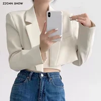 7 colores primavera otoño solapa cuello costura abierta chaqueta recortada mujeres manga larga trajes de cintura alta prendas de vestir exteriores de moda