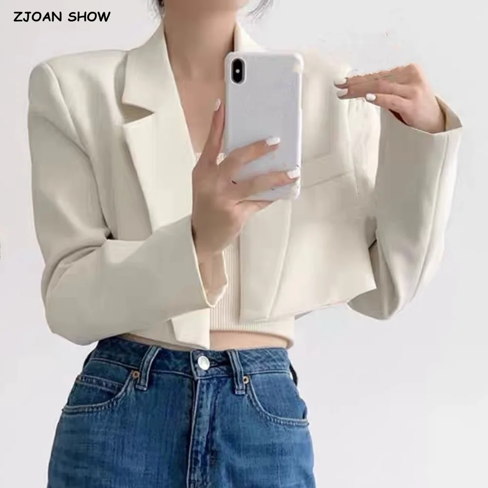 7 Color Spring Autumn Lapel Collar Open Stitching Cropped Blazer Women Long Sleeve High Waist Suits Fashion Outerwear