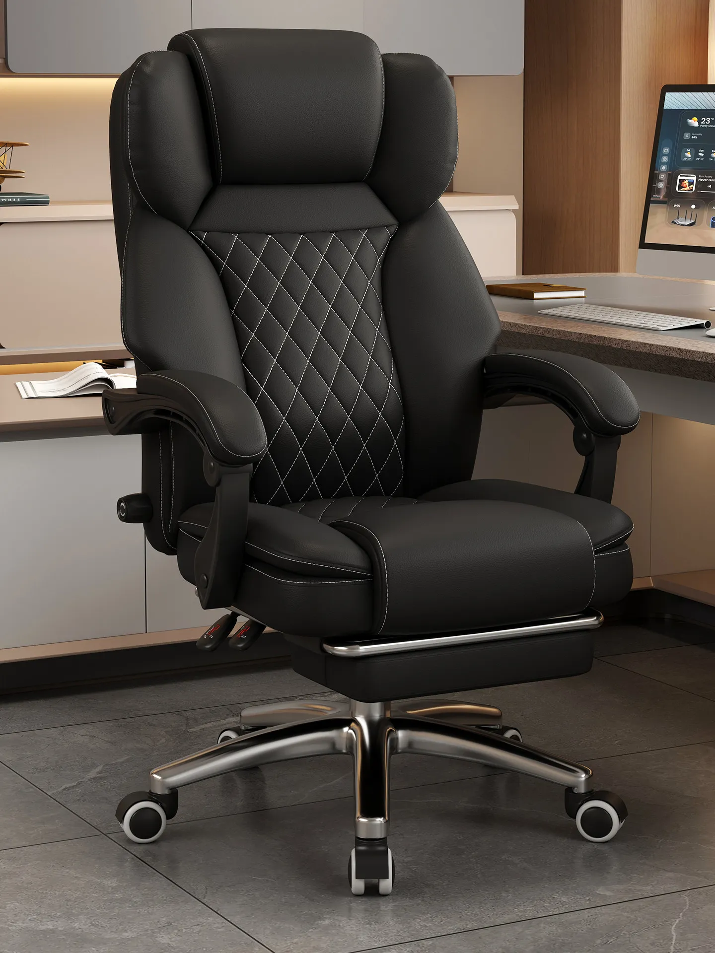 

！@Leather boss Chair, Office Chair, Home-use Comfortable Long-sitting Ergonomic Backrest Sofa, Office Chair