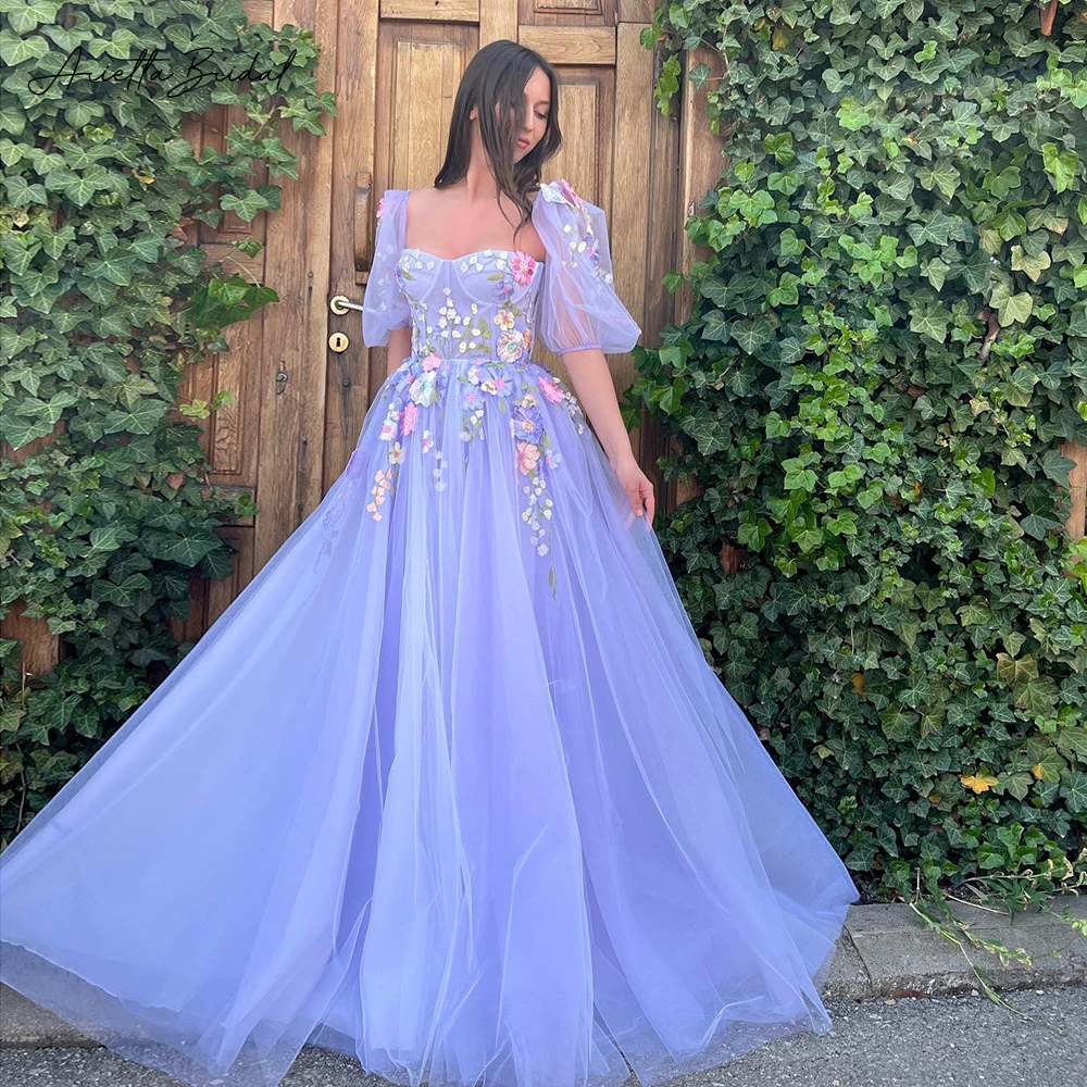 Arietta Lavender Floral Tulle Maxi Prom Dresses Sweetheart Puff Sleeves Flower Appliques A-Line Evening Party Gowns with Pockets