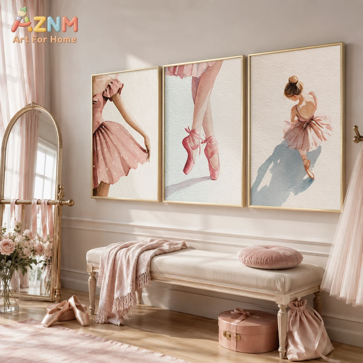 AZNM Impresión en lienzo sin marco, arte de pared de bailarina en acuarela, bailarina rosa, decoración del hogar para habitación de niñas, póster
