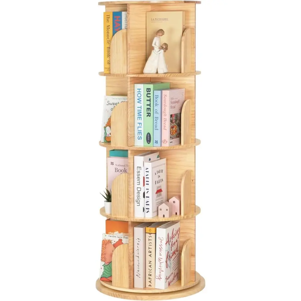 

4-Tier 360° Spinning Solid Wood Book Organizer for Kids & Adults, Space-Saving Floor Standing Bookcase for Various Rooms