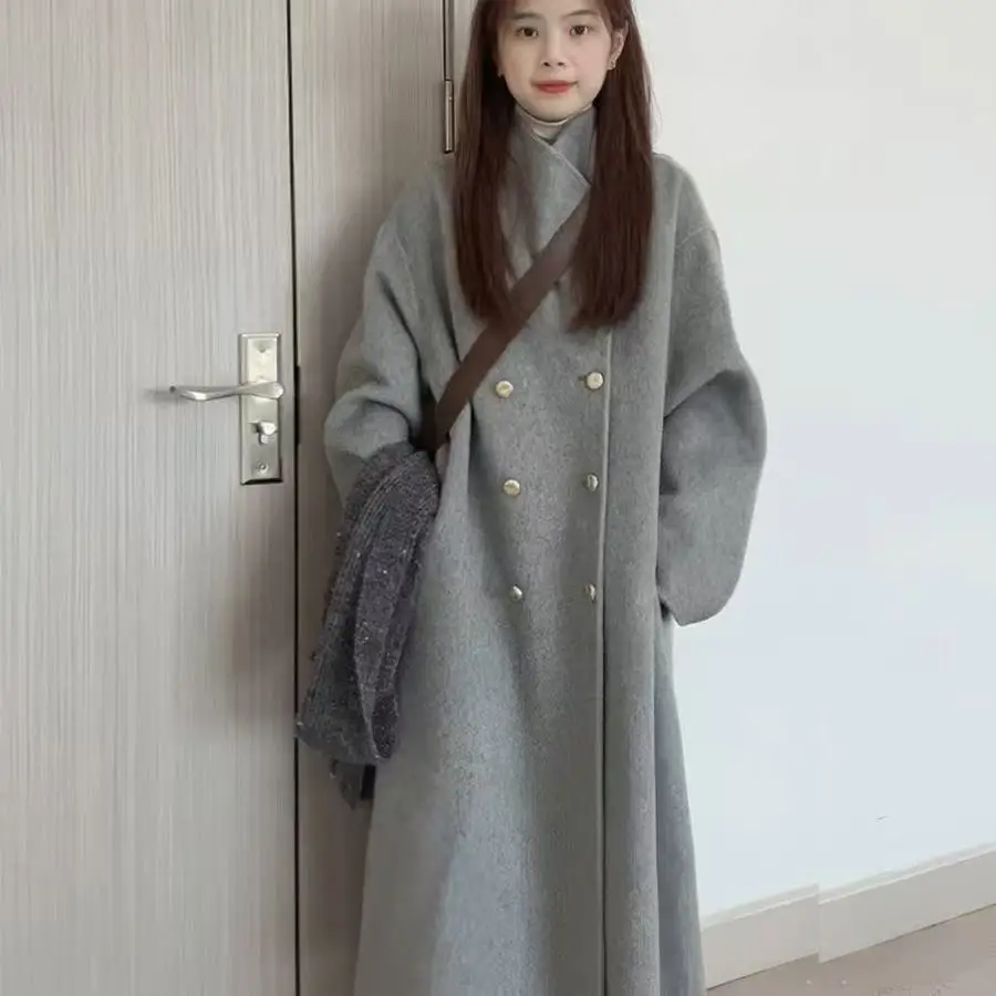 

2025 Winter Thiened Woolen Coat Women's Mid-Length Stand Collar Slimming Outerwear Gentle ey Commute Sle Double-Breasted