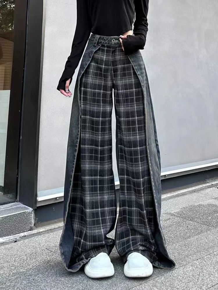 Stylish Fashion High Street Checked Jeans Women High Waist Wide Leg Denim Pants Female 2024 Jeans Trousers Y2K Oversized Jeans