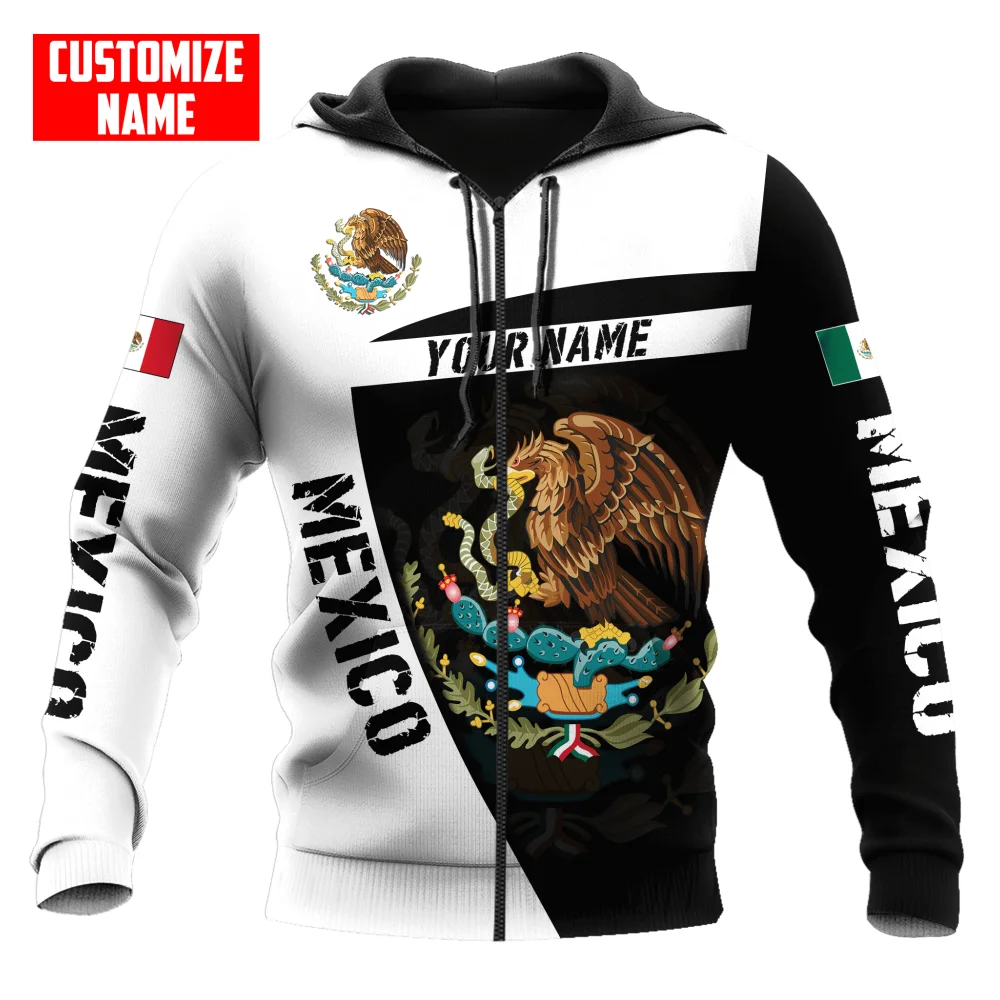 Mexico National Flag Printing Hooded Zip-Up Sweatshirts Fashion 3D Eagle Pattern Hoodies For Men Personalization Name Loose Tops