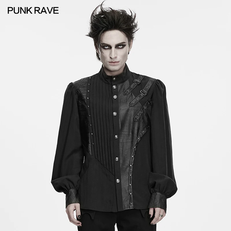 PUNK RAVE Men's Punk Lightweight & Breathable Woven Asymmetrical Shirt Motorcycle Hardcore Pleating Retro Gloomy Street Top