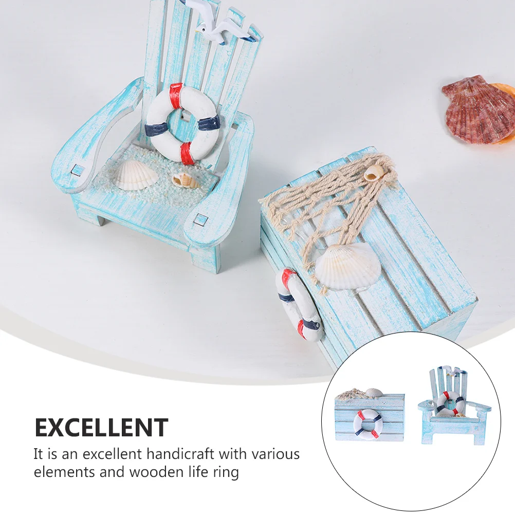 2Pcs Lifebuoy Chair Decor Mini Wooden Beach Chair Box Set Mediterranean Style Desktop Ornament Summer Home Decoration Photo