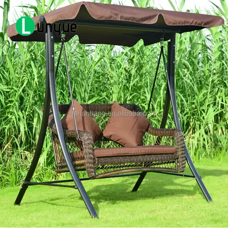 Outdoor Plastic Synthetic Rattan Resin Wicker Two Seat Double Garden Swing Chair with Canopy for Terrace Balcony Backyard