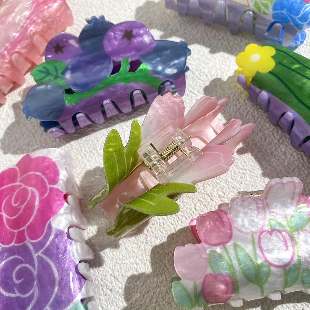 Sweet Acrylic Double Sided Flower Printed Hair Claw Clip For Women Oversize Geometric Shark Hairpin Headwear Hair Accessories