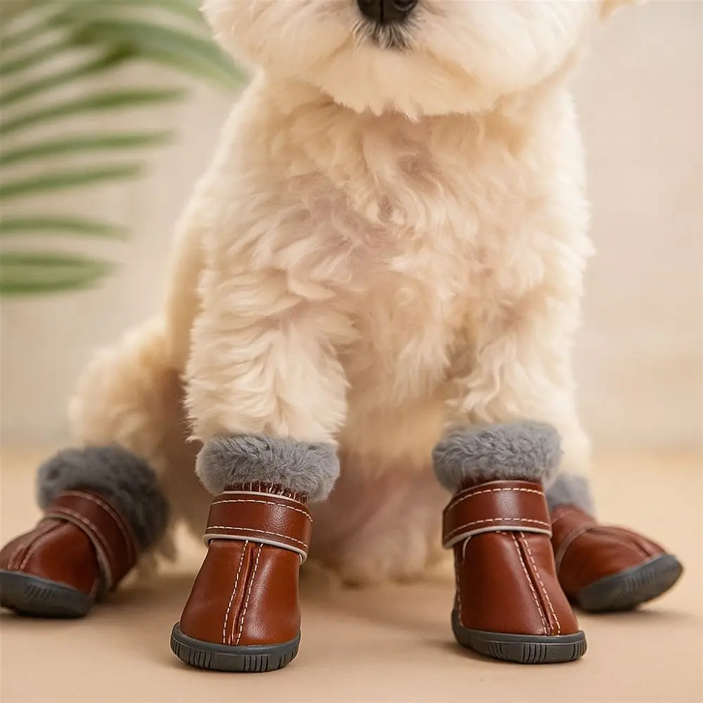 4PCS Winter Pet Dog Shoes Non Slip Rubber Soles Dog Snow Boots Anti-Freezing PU Leather Waterproof Dog Boots for Puppy Dogs