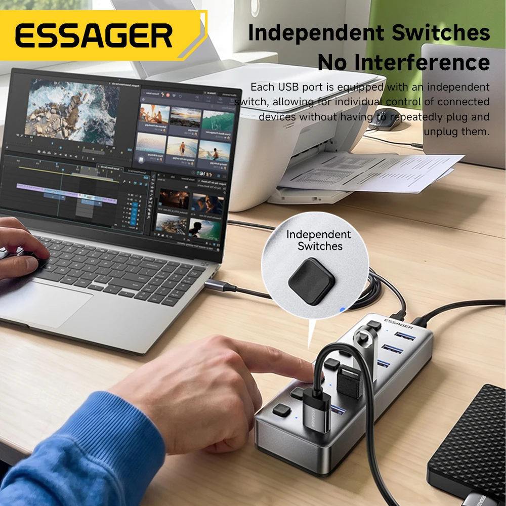 Essager 7-Port USB 3.0 a Hub Multi-Port Splitter Adapter with 24W EU/US Plug Charger for Phone MacBook pro PC Laptop - 5Gbps