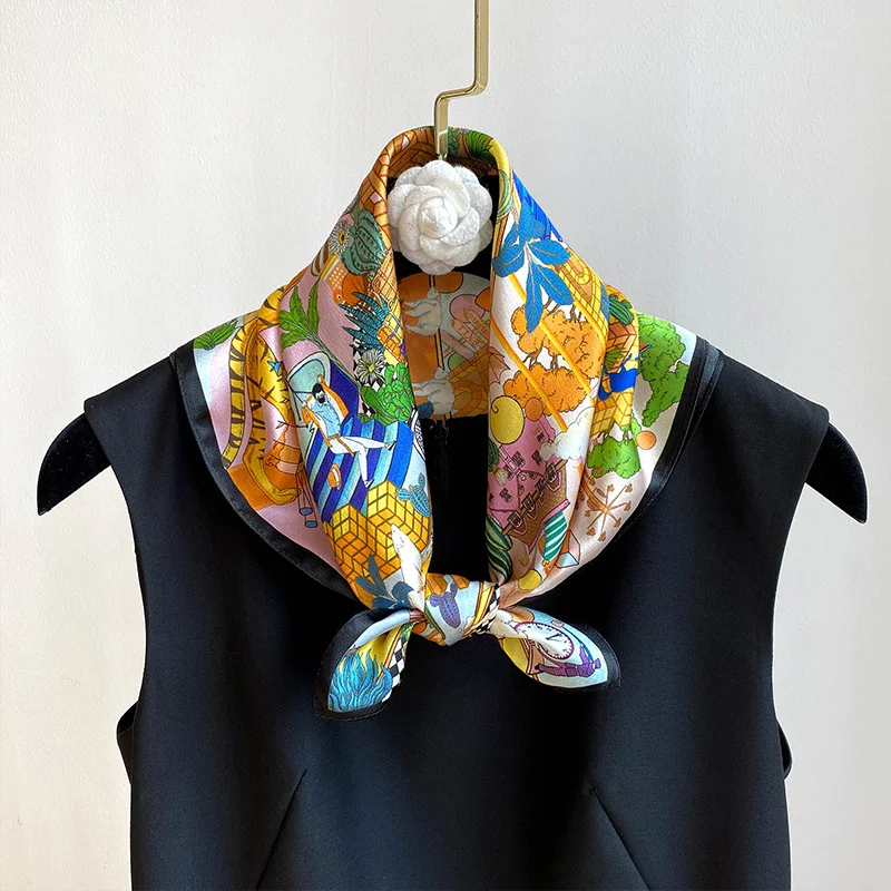 100% Real Silk Square Scarves Women Bandana High Quality Floral Printed Foulard Hair Tie Soft Neckerchief