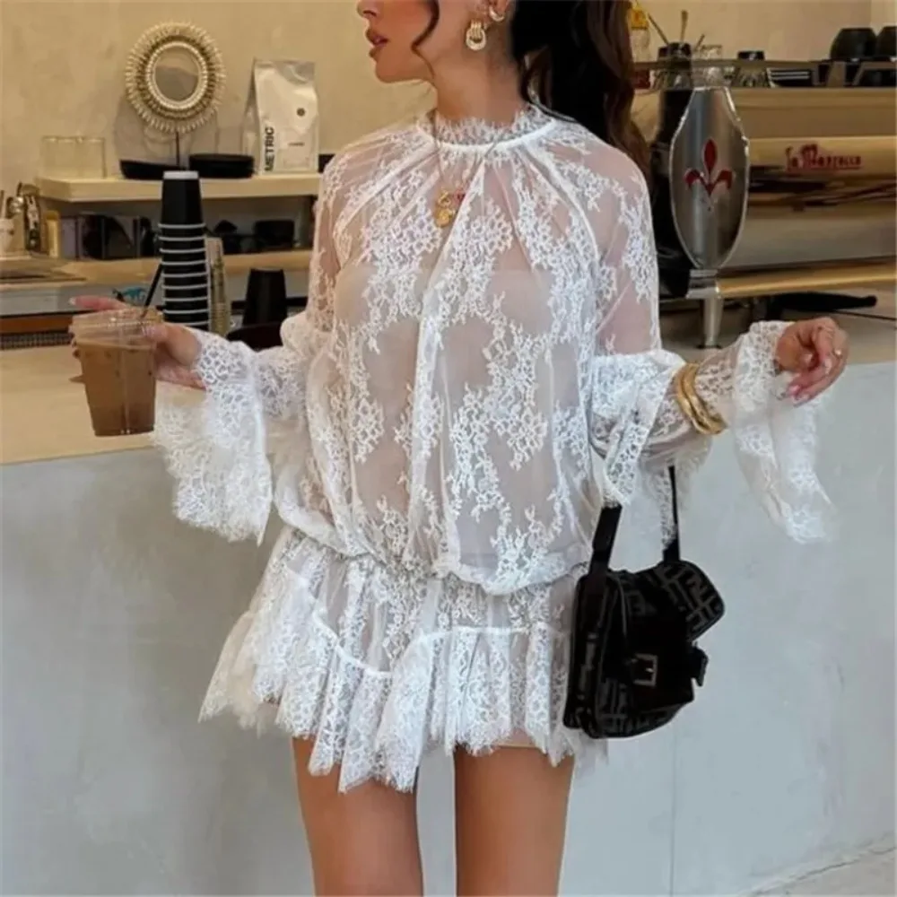 Frauen Spitze Sheer Kleid Sexy Durchsichtig Mesh Langarm High Neck Floral Cover Up Cocktail Party Mini Kleider
