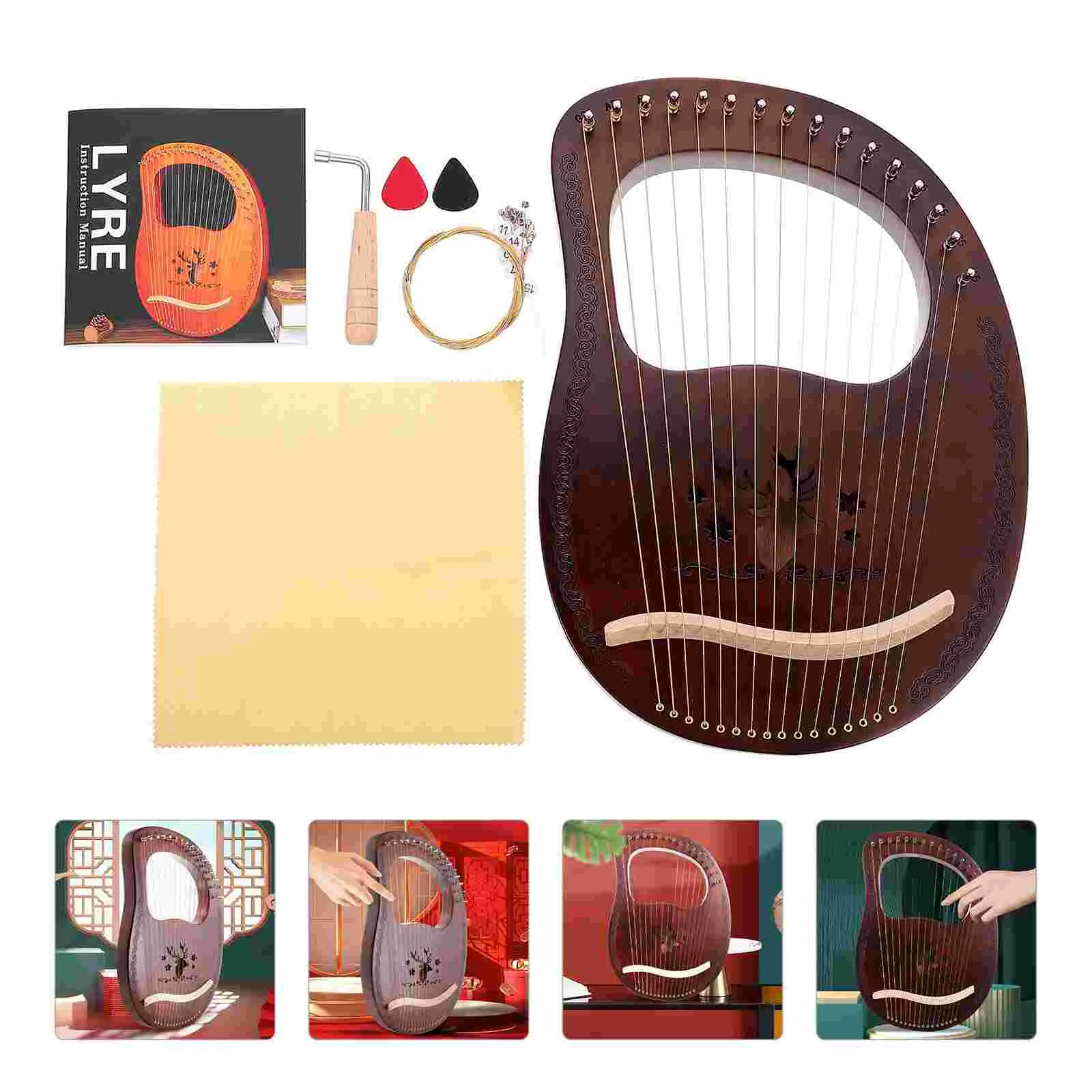 16 Tone Lyre Harp 32 Strings 24 Arpa Lira Musical Lute Ancient Style Wood 16-Tone with Tuning Wrench Portable