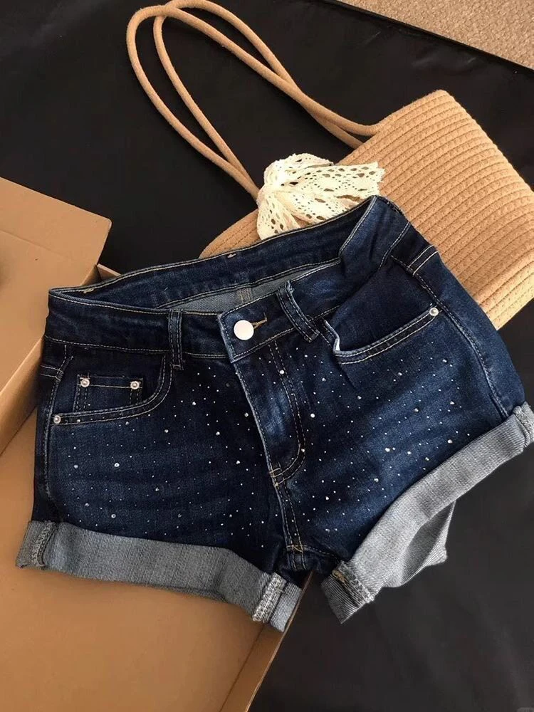 Deep Blue Sequin Star Low Waist Tight Fit Denim Shorts Women Summer Sexy Tight Butt Hugging Hot Pants Short Skirt Jeans