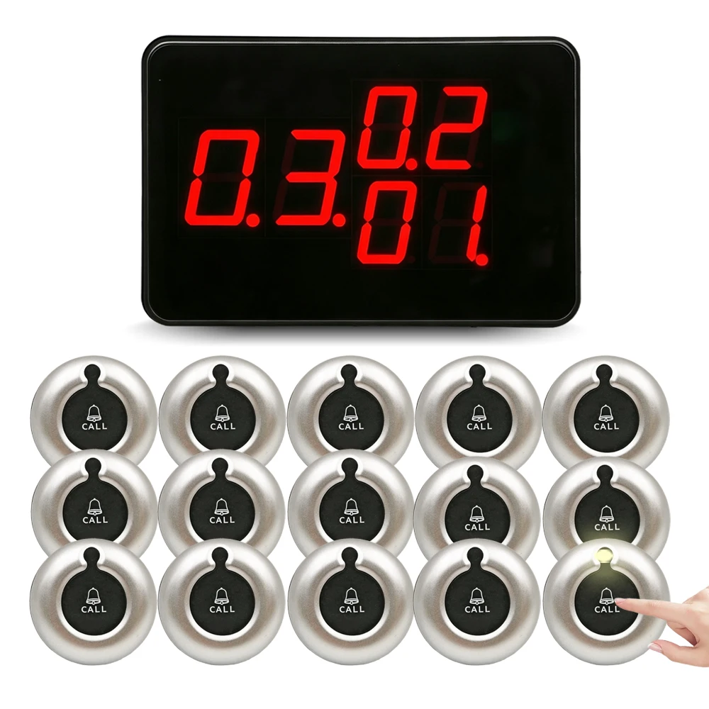 Wireless Calling System Restaurant Waiter Pager SET 1 Display Screen with 15 Vibration Bell Button for Salan Hotel Bar Clinic