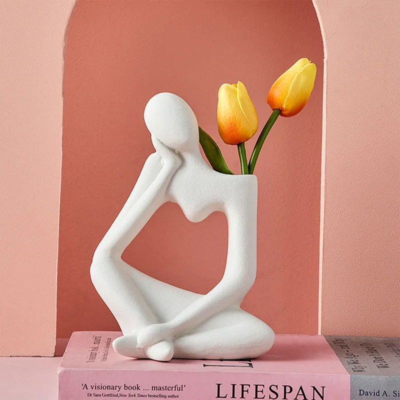 Thinker Style Sandstone Ceramic Flower Vase Abstract Sculpture Statue for Home Office Bookshelf Desktop Decor Collectible Figuri