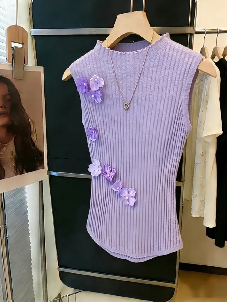 

Elegant Purple 3D Flower Knitted Vest Women's Summer New Style Beautiful Fashionable Top Self-kept Advanced Feeling Korean Ve...