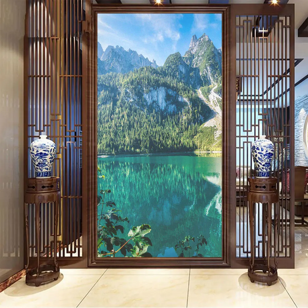 View of Green Lake Pattern Privacy Window Film Anti UV Frosted Glass Window Sticker Non-Glue Static Cling Glass Door Film