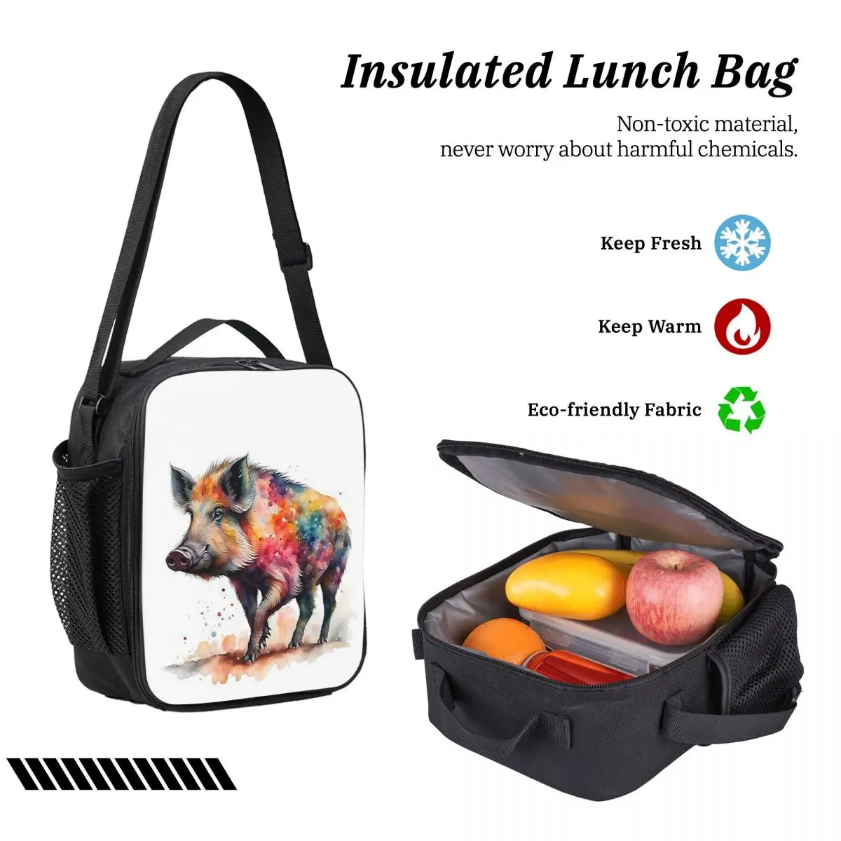 カラフルな水彩画のイノシシのバックパック、男の子と女の子のブックバッグ、スクールバッグ、コンピューターショルダーバッグ、3ps断熱ランチバッグ、ペンケース