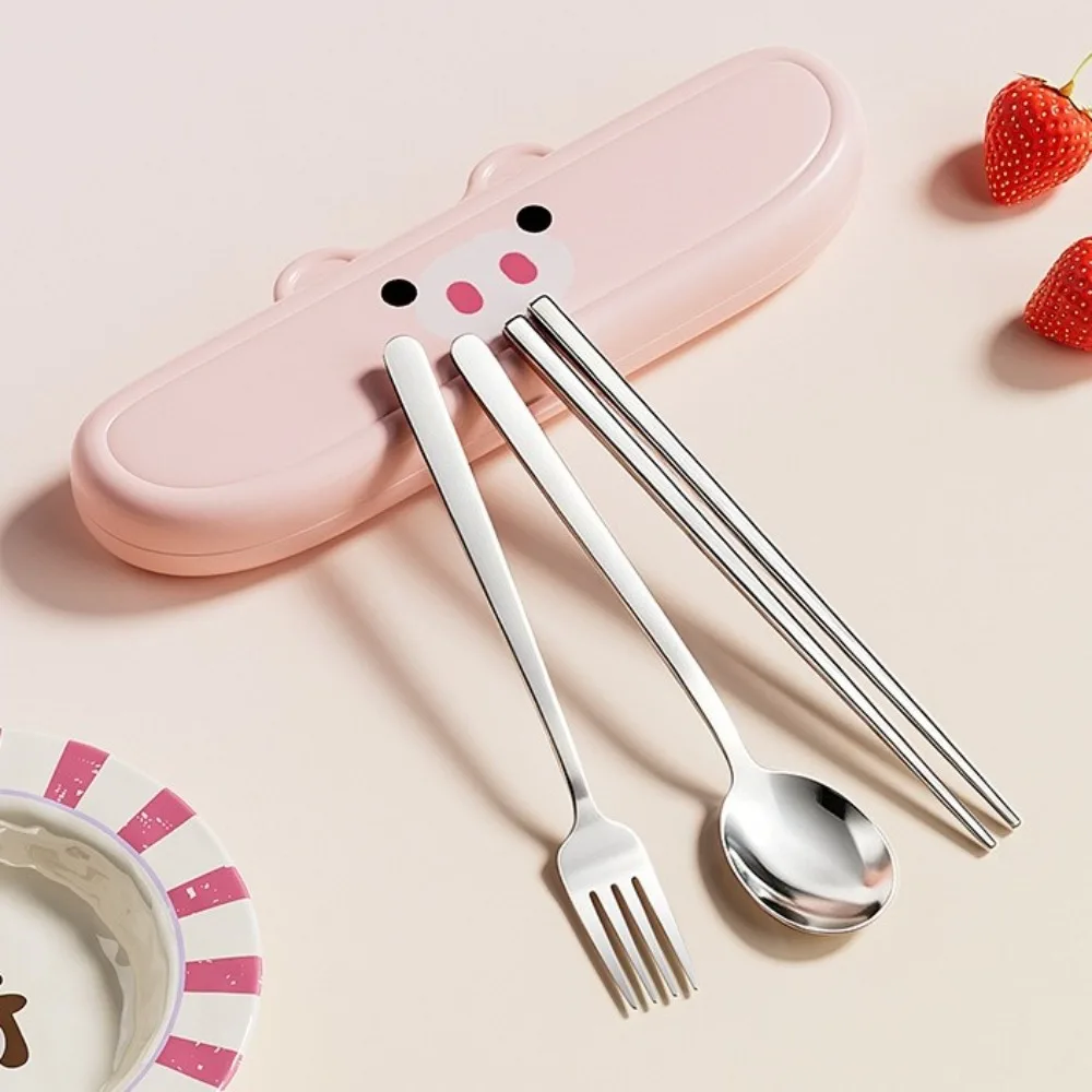Portable Stainless Steel Cutlery Sets Cartoon with Storage Box Fork Spoon Chopsticks Set Animal Shape Travelling Dinnerware Set