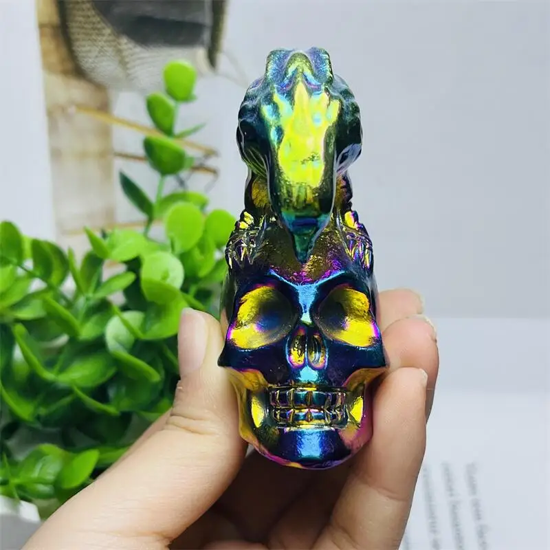 

Natural Aura Quartz Crow With Skull Carving Healing Fengshui Reiki Gemstone Crafts Wicca Decoration Gift 1pcs