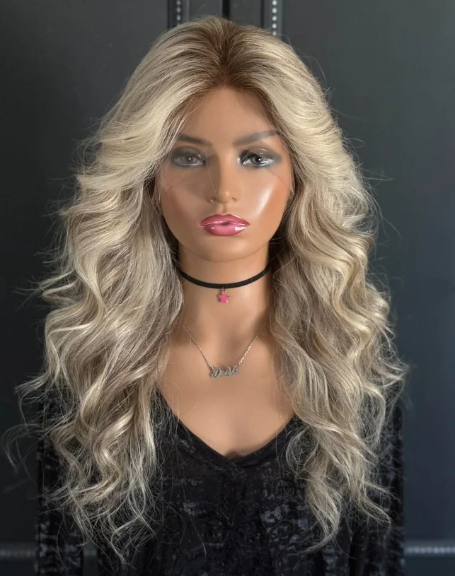 

Mixed Ash And Platinum Blonde Synthetic Lace Front Wig Dark Roots With Preplucked Realistic Hairline Wig Natural Blonde Wavy Wig