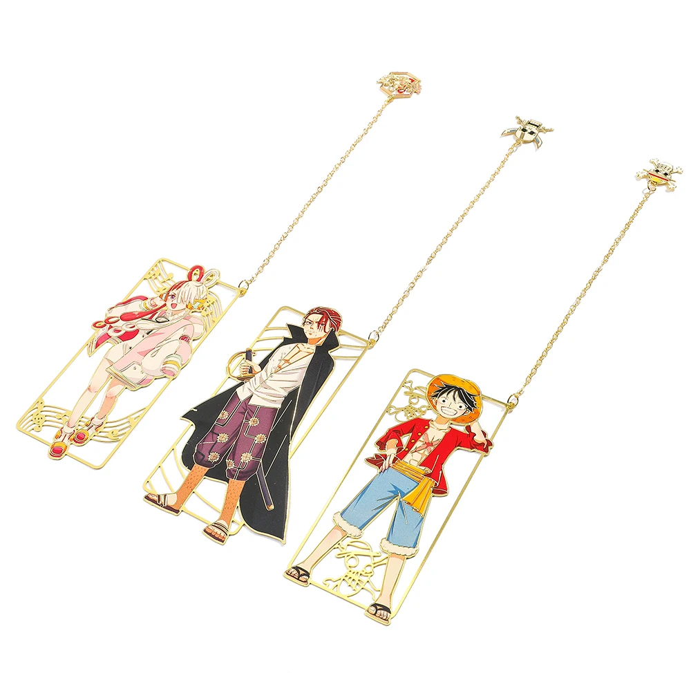 Anime One Piece Figure Metal Bookmarks with Tassel Luffy Uta Shanks Gold Color Book Marks Gifts for Fans Collection Supplies