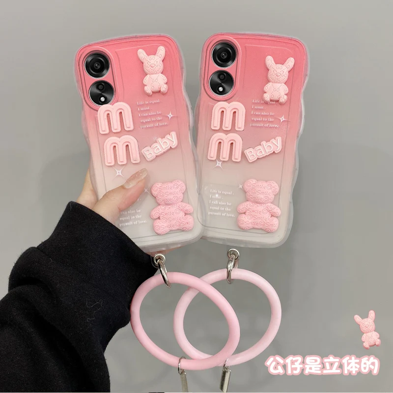 

3D Fashion Cute Doll Bear Rabbit Cartoon Soft Luxury Silicon Phone Case On For Oppo A38 4G Lanyard Strap Wristband Back Cover