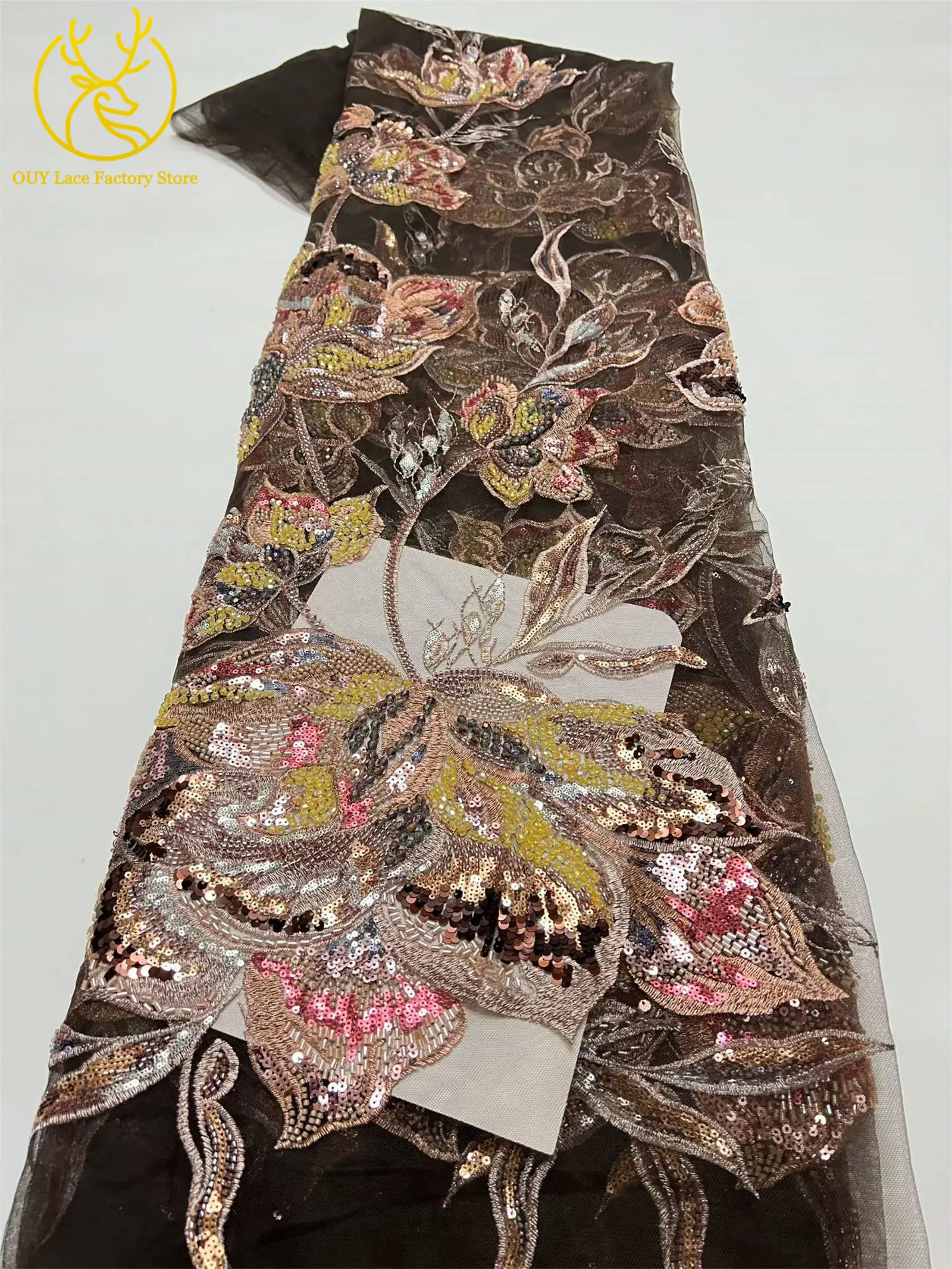 Luxuriöser afrikanischer Brautkleidstoff mit Stickerei, großen Blumen und Perlen, 5 Yards, hochwertiger französischer Pailletten-Spitzenstoff zum Nähen von Kleidern – Detail 6