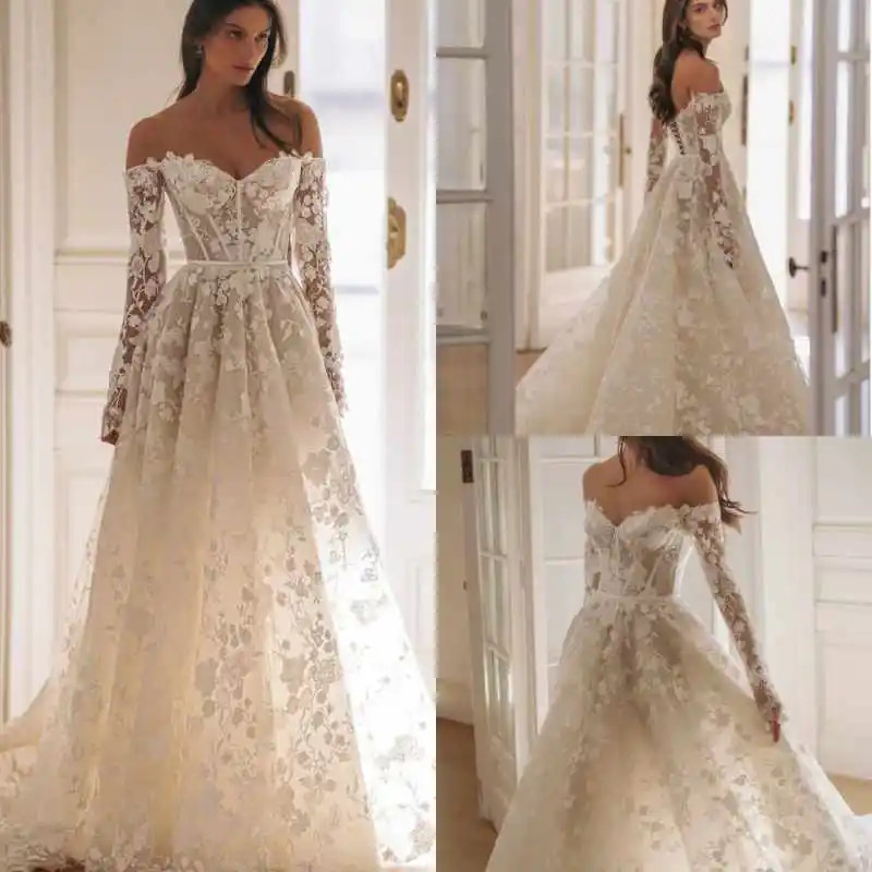 

Elegant A-Line Wedding Dress With Applique Full Applique Lace Bridal Gowns Formal Occasion Big Size Vestidos De Novia Customized