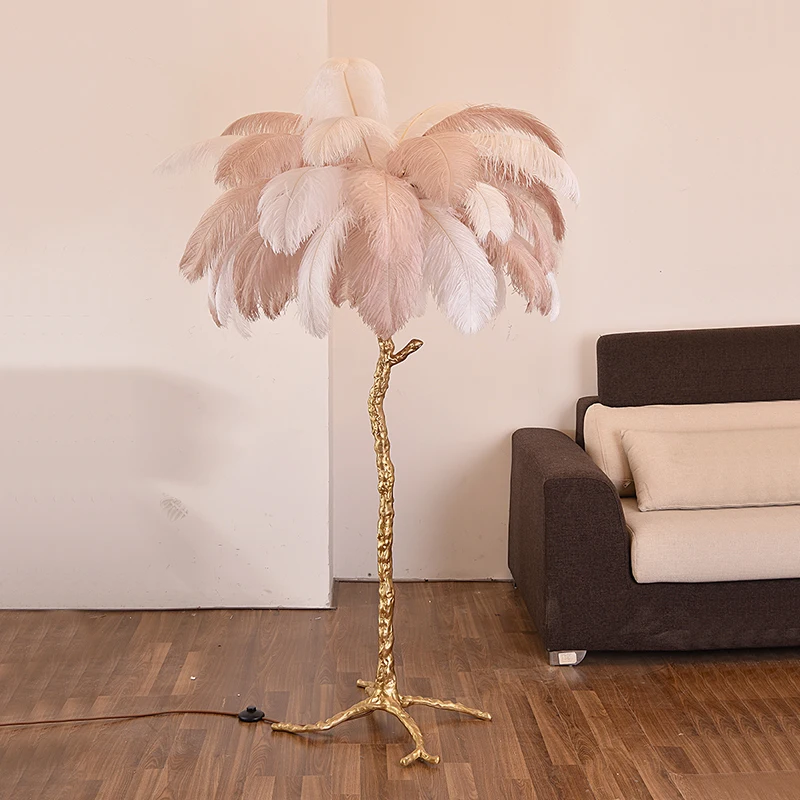 Elegant Atmosphere Ostrich Feather Led Floor Lamp Tree Branch Shape Design Standing Lights Aluminum Material Floor Lights